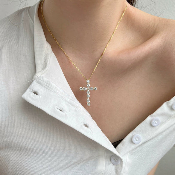 Wholesale Women's S925 Sterling Silver Water Drop Cross Zircon Necklace With Geometric Design And Electroplating