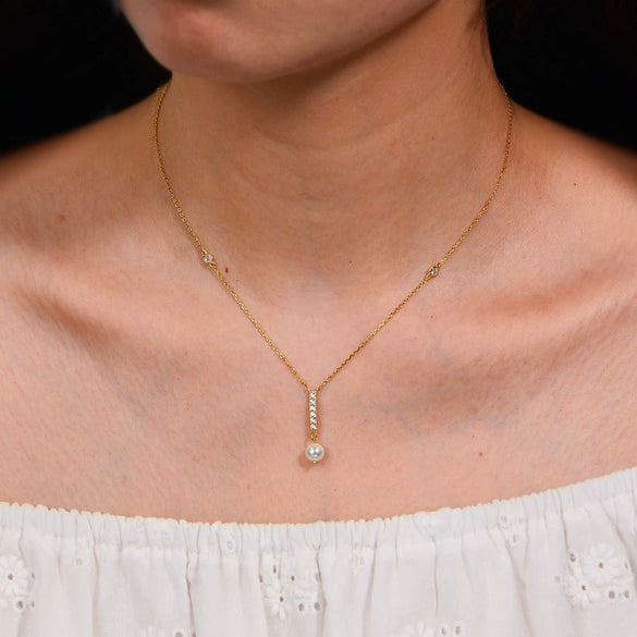 Wholesale Women's S925 Sterling Silver Zircon Geometric Pearl Pendant Necklace With Cross Chain