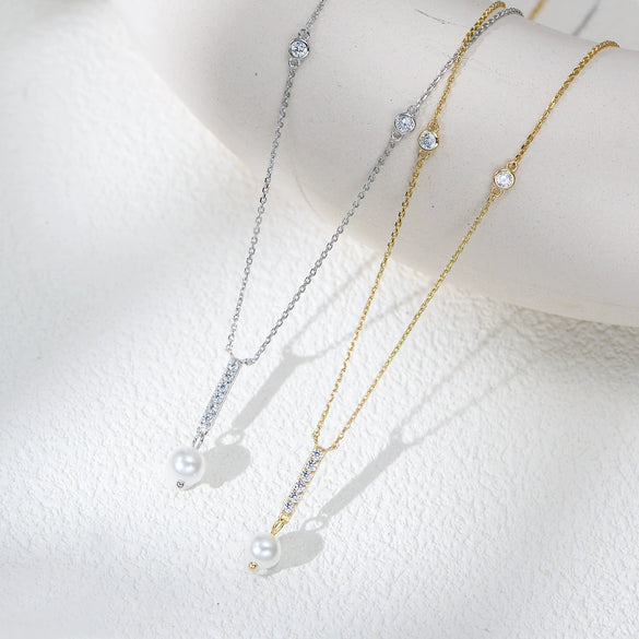 Wholesale Women's S925 Sterling Silver Zircon Geometric Pearl Pendant Necklace With Cross Chain