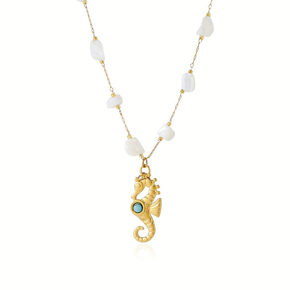 Wholesale Women's Seahorse And Conch Necklace With Turquoise Embellishments Geometric Pattern 18K Gold Plated Titanium Steel Jewelry