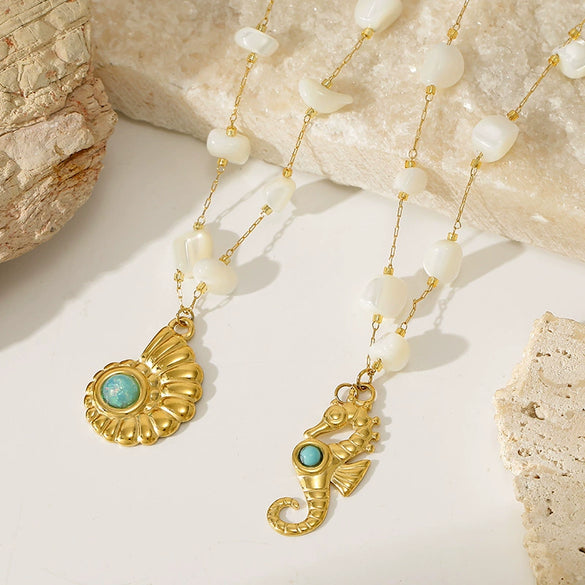 Wholesale Women's Seahorse And Conch Necklace With Turquoise Embellishments Geometric Pattern 18K Gold Plated Titanium Steel Jewelry