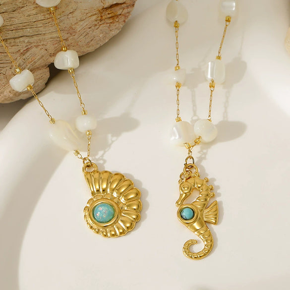 Wholesale Women's Seahorse And Conch Necklace With Turquoise Embellishments Geometric Pattern 18K Gold Plated Titanium Steel Jewelry