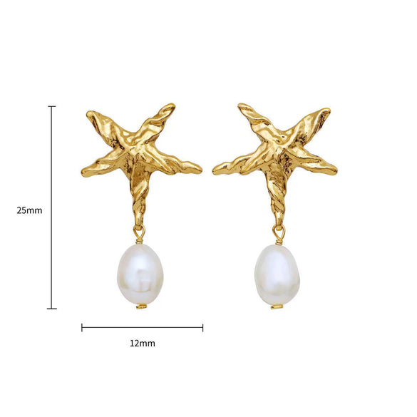 Wholesale Women's Sensual Design Fashion Fivepointed Star Pearl Earrings Stainless Steel Electroplated 18K Color Retention