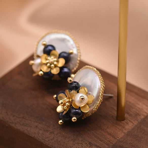 Wholesale Women's 925 Silver Baroque Freshwater Pearl Geometric Flower Cluster Earrings With Electroplating
