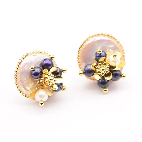 Wholesale Women's 925 Silver Baroque Freshwater Pearl Geometric Flower Cluster Earrings With Electroplating