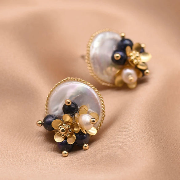 Wholesale Women's 925 Silver Baroque Freshwater Pearl Geometric Flower Cluster Earrings With Electroplating