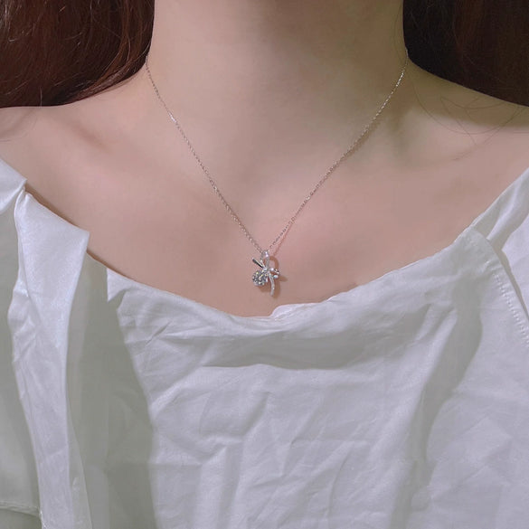 Wholesale Women's Silver Bow Pendant Diamond Necklace With Electroplating Light Luxury Design