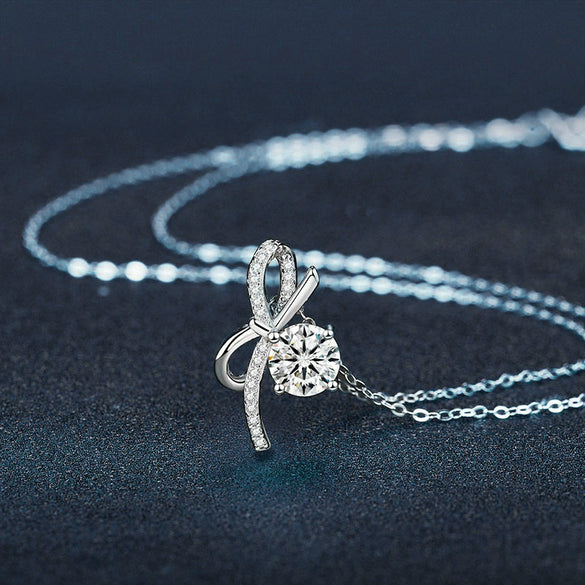 Wholesale Women's Silver Bow Pendant Diamond Necklace With Electroplating Light Luxury Design