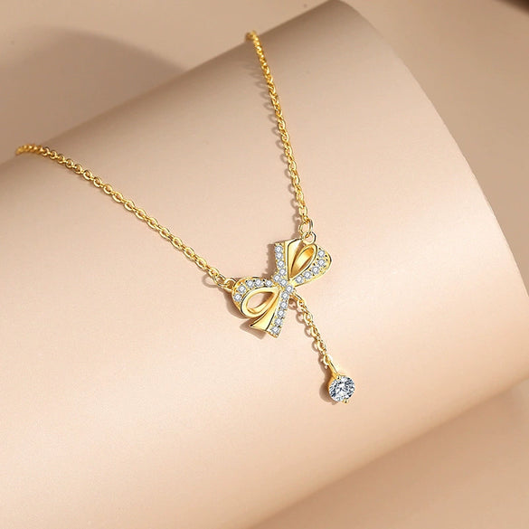 Wholesale Women's 925 Silver Bow Zircon Tassel Collarbone Necklace With Geometric Pattern And Diamond Treatment