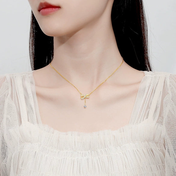 Wholesale Women's 925 Silver Bow Zircon Tassel Collarbone Necklace With Geometric Pattern And Diamond Treatment