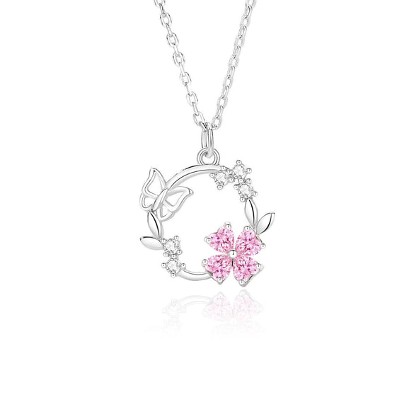 Wholesale Women's 925 Silver Butterfly Wreath Geometric Style Clavicle Chain With Powder Zirconium Jewelry