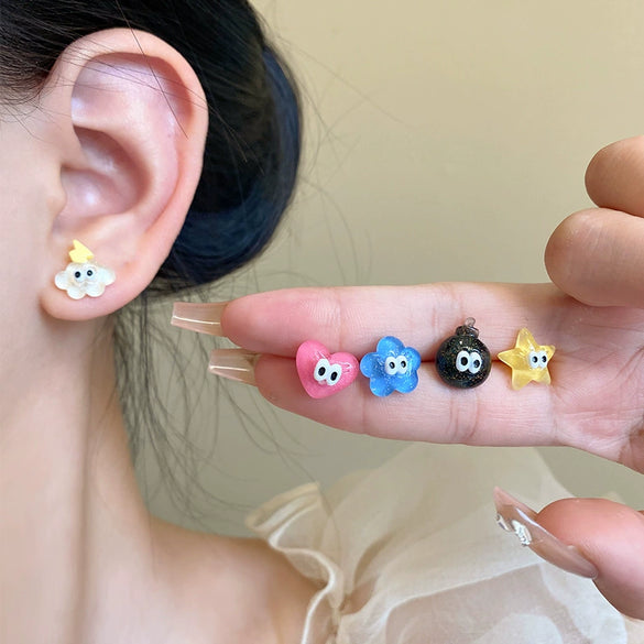 Wholesale Women's 925 Silver Cartoon Earrings Set With Resin Heart And Star Elements Electroplated