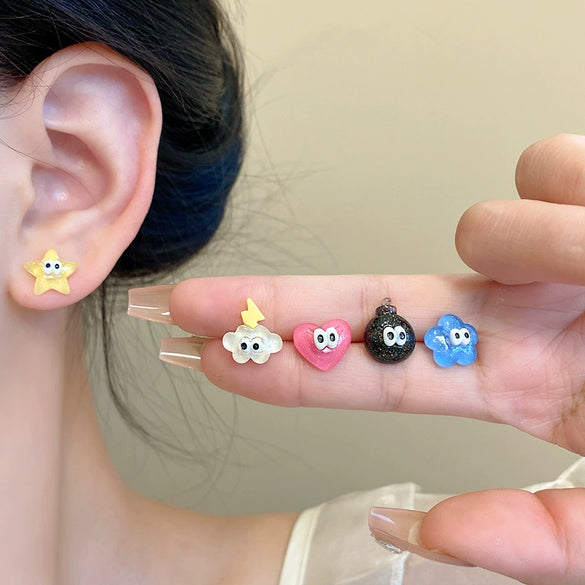 Wholesale Women's 925 Silver Cartoon Earrings Set With Resin Heart And Star Elements Electroplated