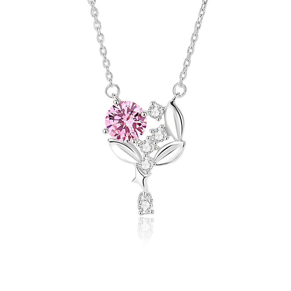 Wholesale Women's 925 Silver Flower Spike Pendant Necklace With Pink Zircon Inlay And Geometric Design