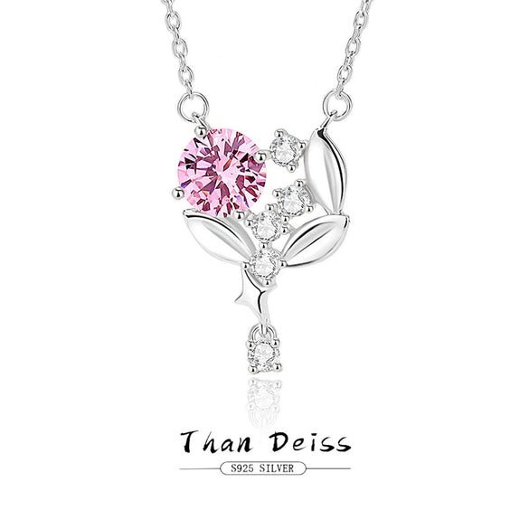 Wholesale Women's 925 Silver Flower Spike Pendant Necklace With Pink Zircon Inlay And Geometric Design