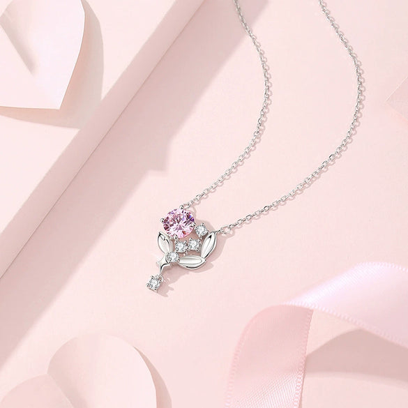 Wholesale Women's 925 Silver Flower Spike Pendant Necklace With Pink Zircon Inlay And Geometric Design