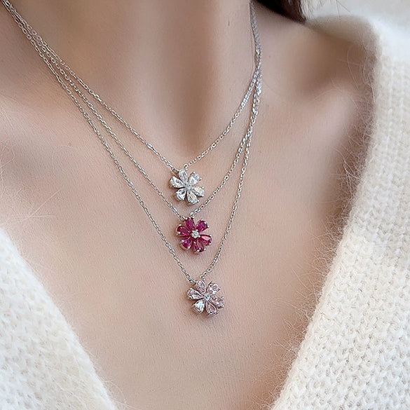 Wholesale Women's 925 Silver Flower Teardrop Zircon Necklace With Electroplating