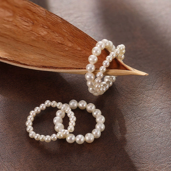 Wholesale Women's Silver Geometric Electroplated Pearl Elastic String Beaded Ring Fashionable Minimalist Light Luxury Hand Accessories