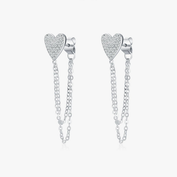Wholesale Women's 925 Silver Heart Shape Long Tassel Chain Earrings Set With Diamonds