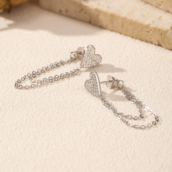 Wholesale Women's 925 Silver Heart Shape Long Tassel Chain Earrings Set With Diamonds