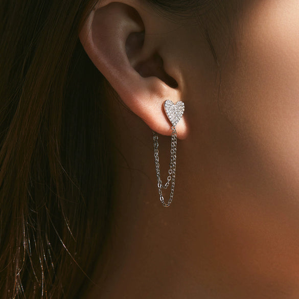 Wholesale Women's 925 Silver Heart Shape Long Tassel Chain Earrings Set With Diamonds