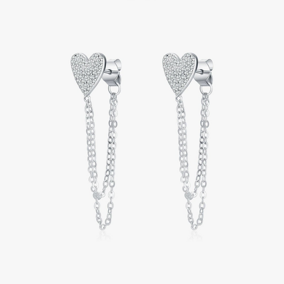 Wholesale Women's 925 Silver Heart Shape Long Tassel Chain Earrings Set With Diamonds