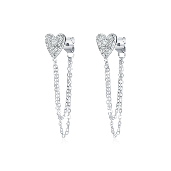 Wholesale Women's 925 Silver Heart Shape Long Tassel Chain Earrings Set With Diamonds