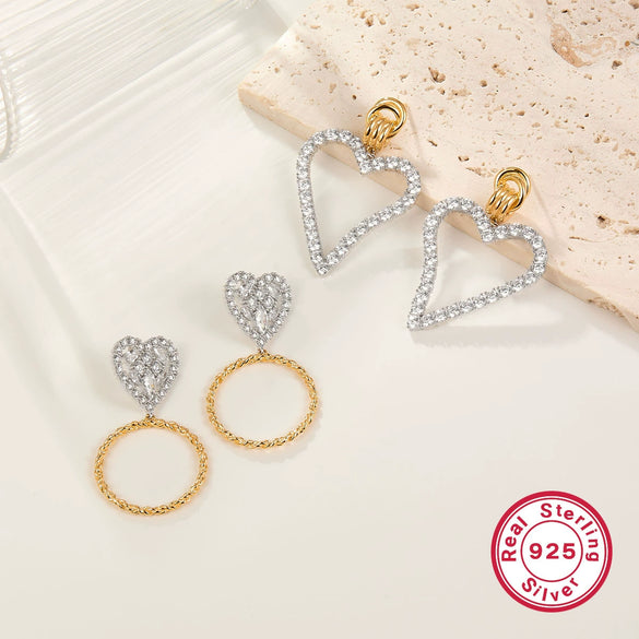Wholesale Women's 925 Silver Heartshaped Zircon Inlaid Electroplated Earrings