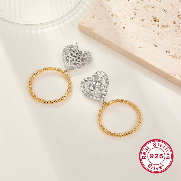 Wholesale Women's 925 Silver Heartshaped Zircon Inlaid Electroplated Earrings