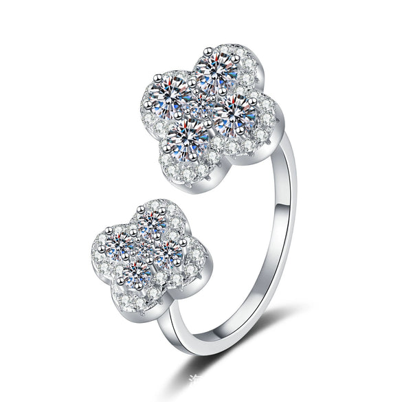 Wholesale Women's Silver Moissanite Four Leaf Clover Opening Ring With Micropaved Geometric Design Light Luxury Retro Fashion