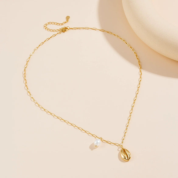 Wholesale Women's 925 Silver Natural Style Diamond Cross Chain Necklace With Pearl Shell Conch Pendant