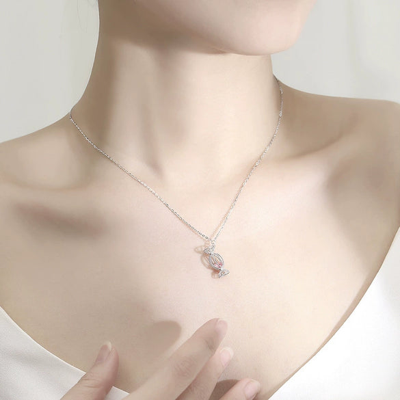 Wholesale Women's 925 Silver Necklace With Pink Diamond Candy Clavicle Chain And Square Pink Rose Gold Pendant Geometric Style
