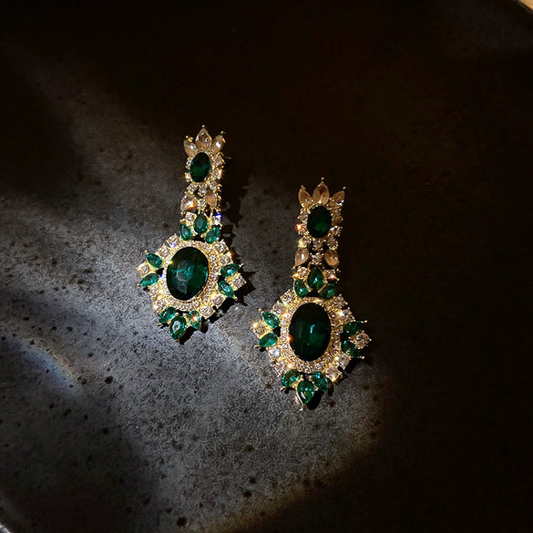 Wholesale Women's Silver Needle Earrings With Diamond And Emerald Inlay Geometric Design Alloy Material Exaggerated Elegant Light Luxury Style