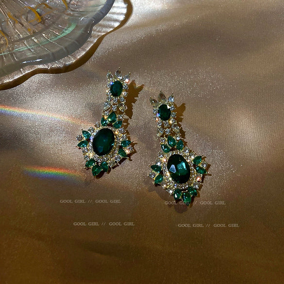 Wholesale Women's Silver Needle Earrings With Diamond And Emerald Inlay Geometric Design Alloy Material Exaggerated Elegant Light Luxury Style