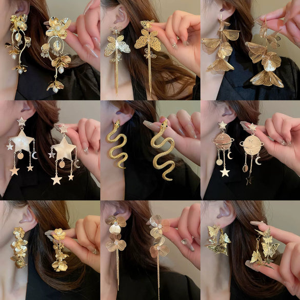 Wholesale Women's Silver Needle Hollow Flower Tassel Earrings With Real Gold Electroplating Zircon Star Pattern