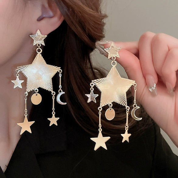 Wholesale Women's Silver Needle Hollow Flower Tassel Earrings With Real Gold Electroplating Zircon Star Pattern