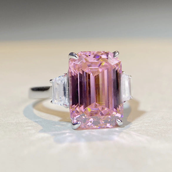 Wholesale Women's 925 Silver Ring With Emerald Cut Pink Diamond Zircon Geometric Style And Electroplating Treatment