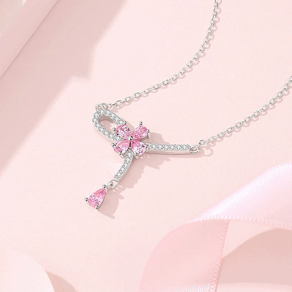 Wholesale Women's 925 Silver Tassel Knot Clavicle Chain With Pink Diamond Pendant And Geometric Design