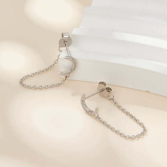 Wholesale Women's 925 Silver Zircon Moon Tassel Geometric Earrings