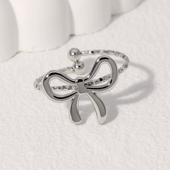 Wholesale Women's Simple All Match Cute Small Bowknot Opening Ring Gold Plated Stainless Steel