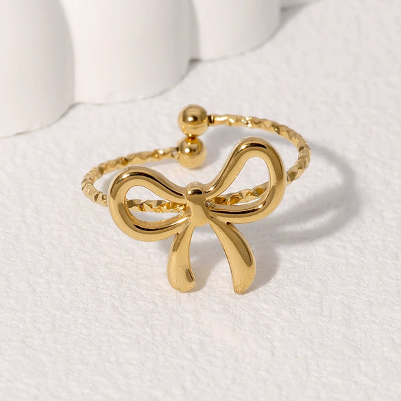 Wholesale Women's Simple All Match Cute Small Bowknot Opening Ring Gold Plated Stainless Steel