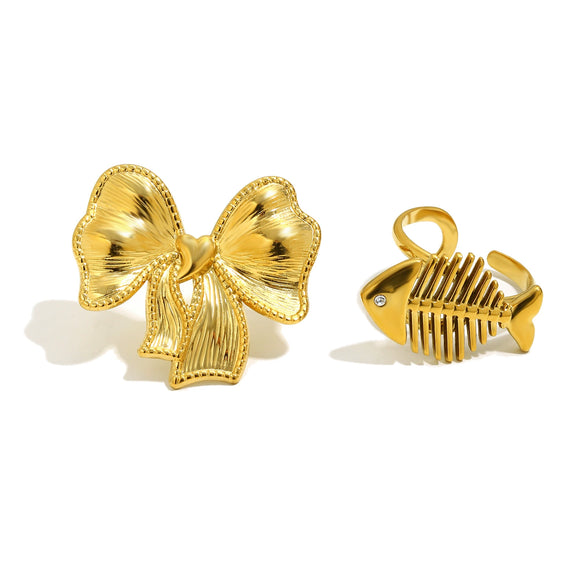 Wholesale Women's Simple And Unique Stainless Steel 18K Goldplated Geometric Lines Bowknot Open Ring Jewelry