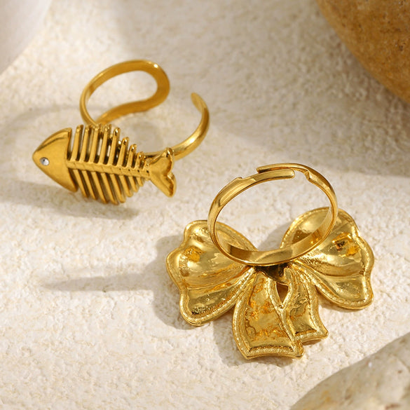 Wholesale Women's Simple And Unique Stainless Steel 18K Goldplated Geometric Lines Bowknot Open Ring Jewelry