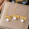 Wholesale Women's Simple Animal Style Titanium Steel Snake Bone Chain Necklace And Earrings Set With Bowknot Fake Pearls Electroplated
