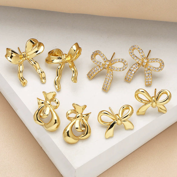 Wholesale Women's Simple Bow Geometric Copper Gold Plated Zircon Inlaid Earrings
