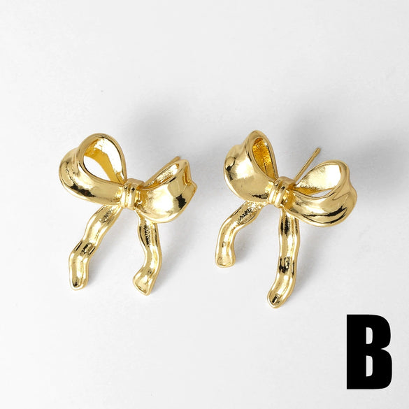 Wholesale Women's Simple Bow Geometric Copper Gold Plated Zircon Inlaid Earrings