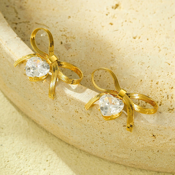 Wholesale Women's Simple Bow Titanium Steel Electroplated Diamond Earrings