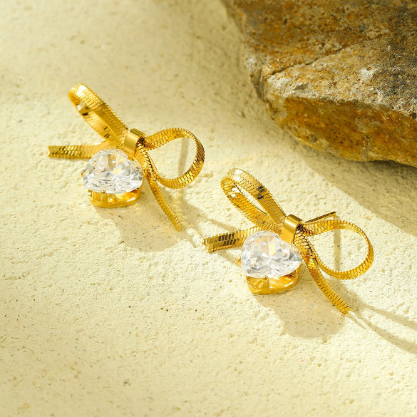 Wholesale Women's Simple Bow Titanium Steel Electroplated Diamond Earrings