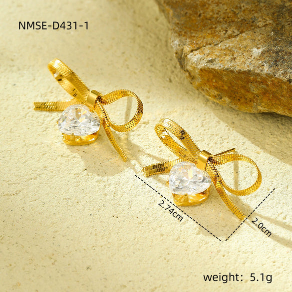 Wholesale Women's Simple Bow Titanium Steel Electroplated Diamond Earrings