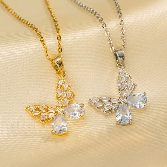 Wholesale Women's Simple Butterfly Design Titanium Steel Cross Set Zircon Necklace With Electroplating Process And Geometric Styling